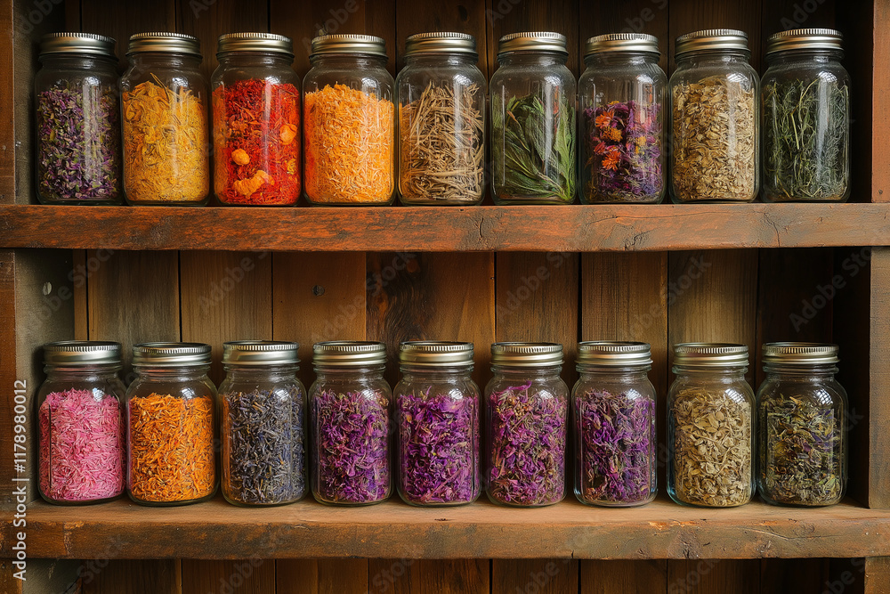 A wooden shelf with various colorful dried herbs and spices in glass jars, including lavender flowers A wooden shelf with various colorful dried herbs and spices in glass jars, including lavender flowers