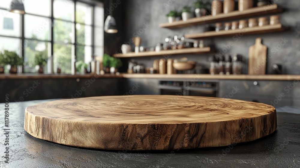Rustic Kitchen: Wooden Cutting Board on Dark Countertop Rustic Kitchen: Wooden Cutting Board on Dark Countertop