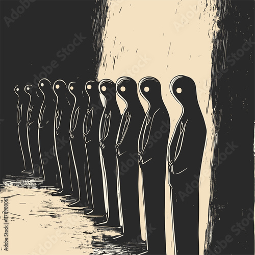 Minimalist artwork of silhouetted figures standing in line.