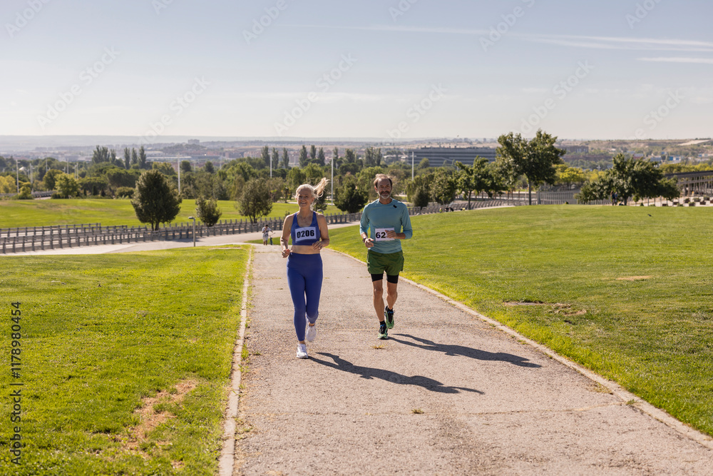 Fototapeta premium Athletes running in city park during marathon race