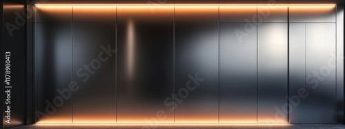 Futuristic metallic wall design featuring vibrant neon lights, sleek surface, modern aesthetic, immersive ambiance, innovative architecture photo