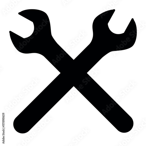 wrench, two crossed wrenches silhouette shape, black and white vector illustration of hand tool spanner
