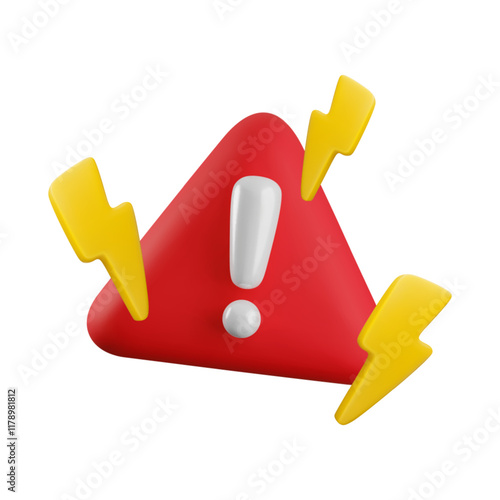 Vector Realistic 3d red triangle shape with white exclamation mark and flash. Cartoon 3d render of warning sign with lightnings, danger symbol, electrical hazard notification on white background.