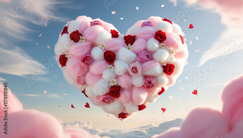 Heart in the sky. Heart of Cotton Candy and Roses Floating in the Blue Sky. Valentine's Day or Wedding Banner. Greeting card, Valentine's Day or Wedding Invitation.