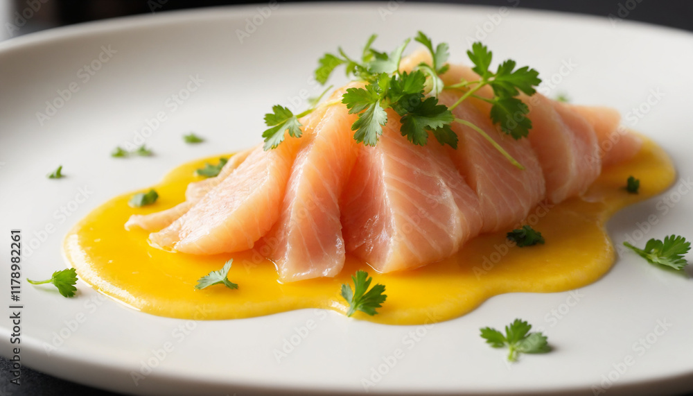 Tiradito Salmon Sashimi Style with Mango Sauce Gourmet Dish Tiradito Salmon Sashimi Style with Mango Sauce Gourmet Dish