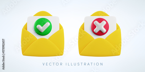 Vector cartoon 3d message checkmark icon set. 3d render approved and rejected open envelope sign, yes or no document check mark, checked mail, electronic mail symbol for mobile app, game, web