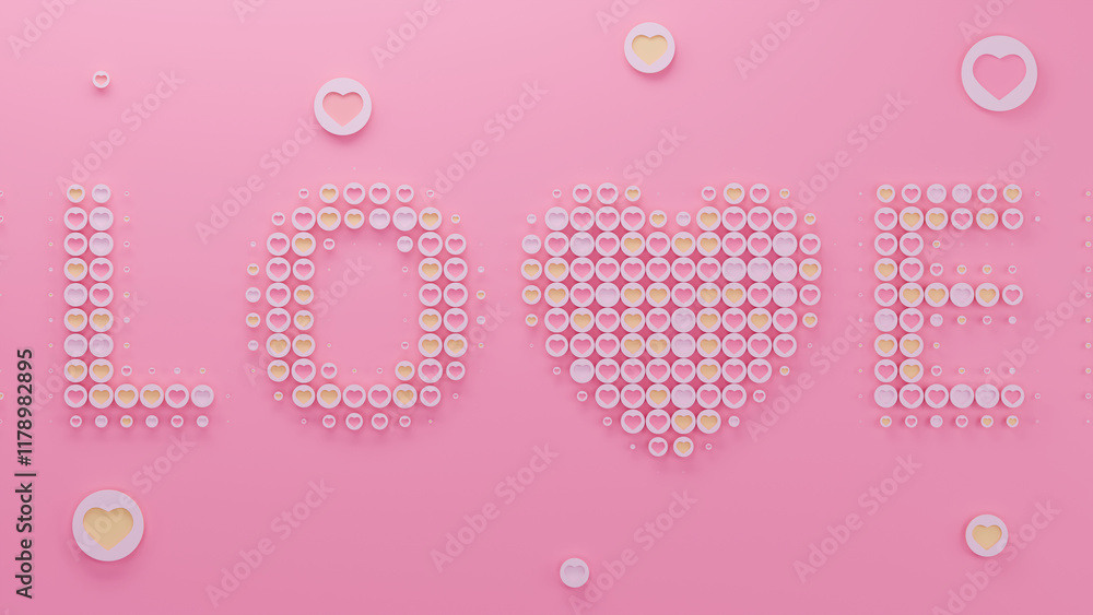 3d rendering of a variety of love symbols, hearts on discs of different sizes and colors form a large text 3d rendering of a variety of love symbols, hearts on discs of different sizes and colors form a large text