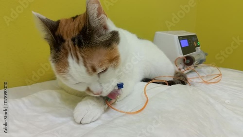 Veterinary clinic. The cat is given an intravenous drip with cancer medicine. A sick cat is undergoing chemotherapy.