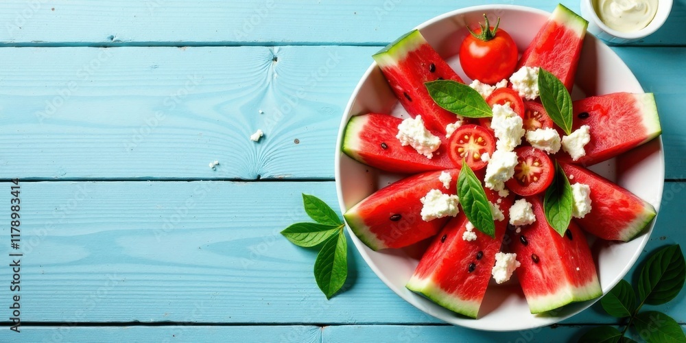 Refreshing Watermelon and Feta Salad with Basil and Tomatoes on a Blue Wooden Table Refreshing Watermelon and Feta Salad with Basil and Tomatoes on a Blue Wooden Table