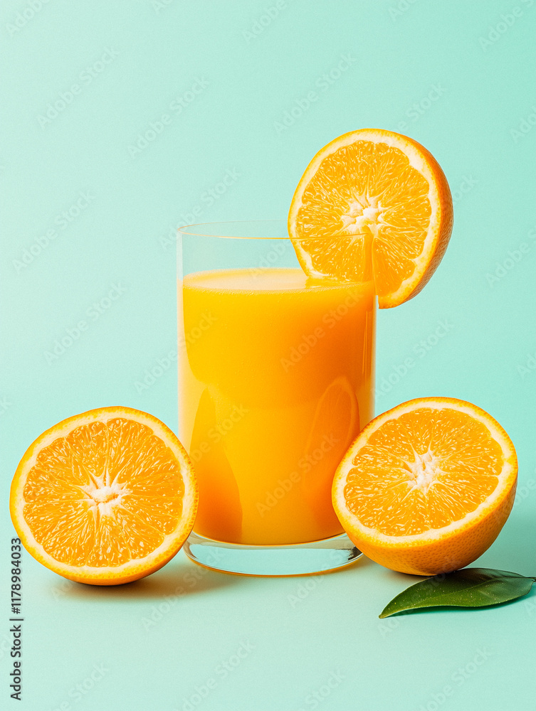 Glass of Orange Juice with Orange Halves and Slice Glass of Orange Juice with Orange Halves and Slice
