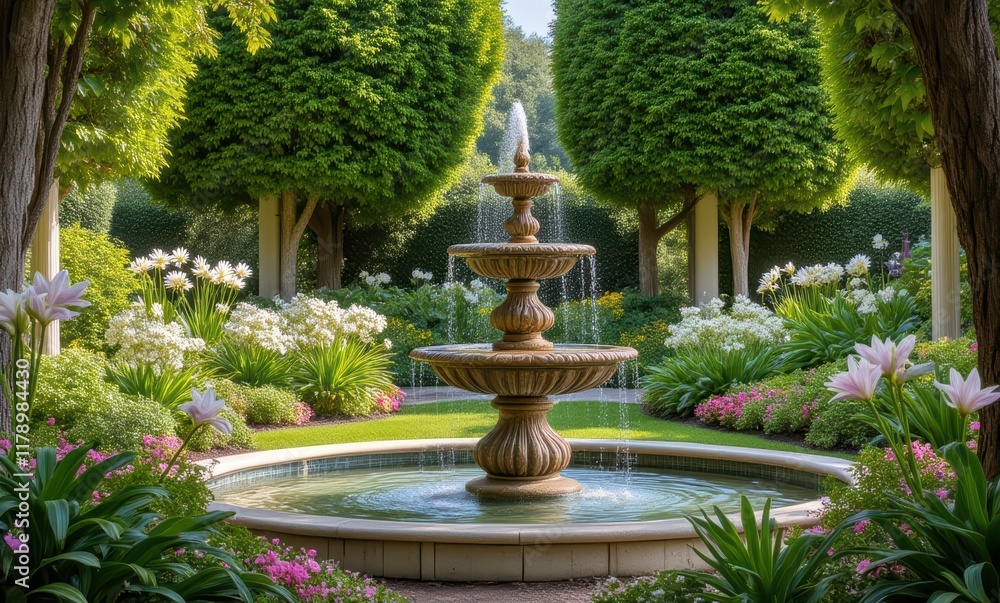 Beautiful garden fountain surrounded by greenery Beautiful garden fountain surrounded by greenery