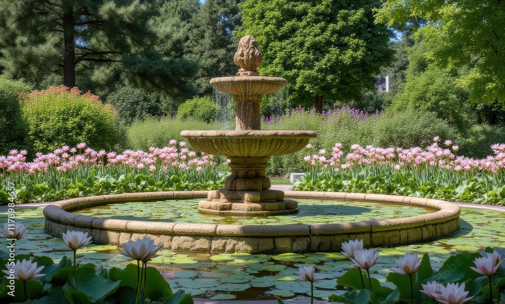 Serene fountain surrounded by blooming flowers. Serene fountain surrounded by blooming flowers.
