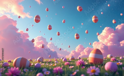 A whimsical scene of colorful Easter eggs flying through a vibrant sky above a field of grass and flowers. photo