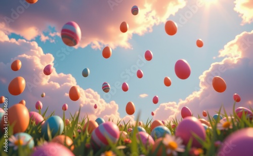 A whimsical scene of colorful Easter eggs flying through a vibrant sky above a field of grass and flowers. photo