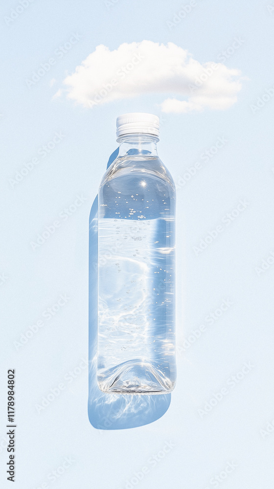 Water Bottle with Cloud and Shadow on Light Blue Background Water Bottle with Cloud and Shadow on Light Blue Background