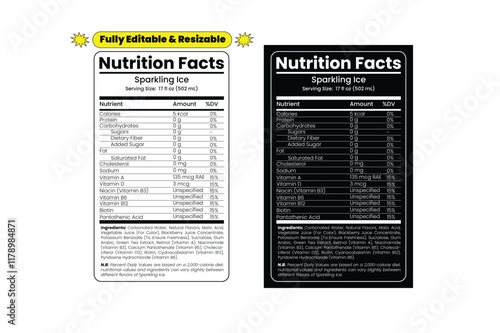 Sparkling ice nutrition facts. Nutrition facts label and nutritional value of sparkling ice. Editable and resizable templates of nutrition facts, supplement facts and vitamin facts.