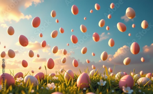 A whimsical scene of colorful Easter eggs flying through a vibrant sky above a field of grass and flowers. photo