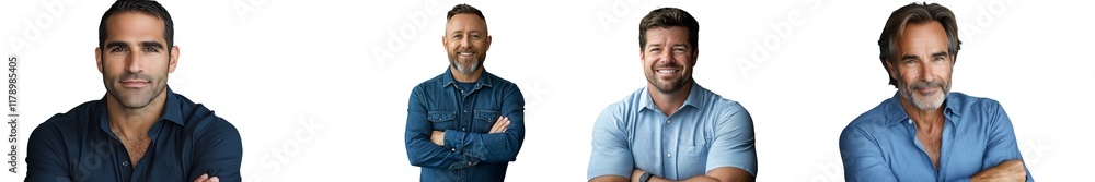 A present-day businessman, wearing a blue shirt and standing with crossed arms, isolated on a gray backdrop. A present-day businessman, wearing a blue shirt and standing with crossed arms, isolated on a gray backdrop.