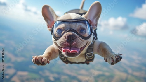 Joyful baby French bulldog skydives with goggles tongue out and ears flapping embracing a thrilling descent through fluffy clouds photo