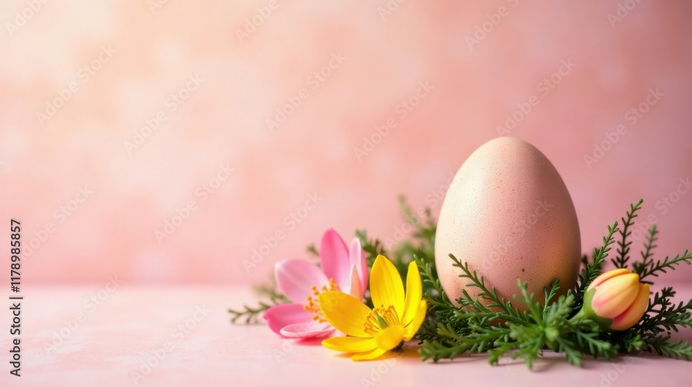 Pastel Egg Nestled in Spring Blooms on Pink Background Pastel Egg Nestled in Spring Blooms on Pink Background