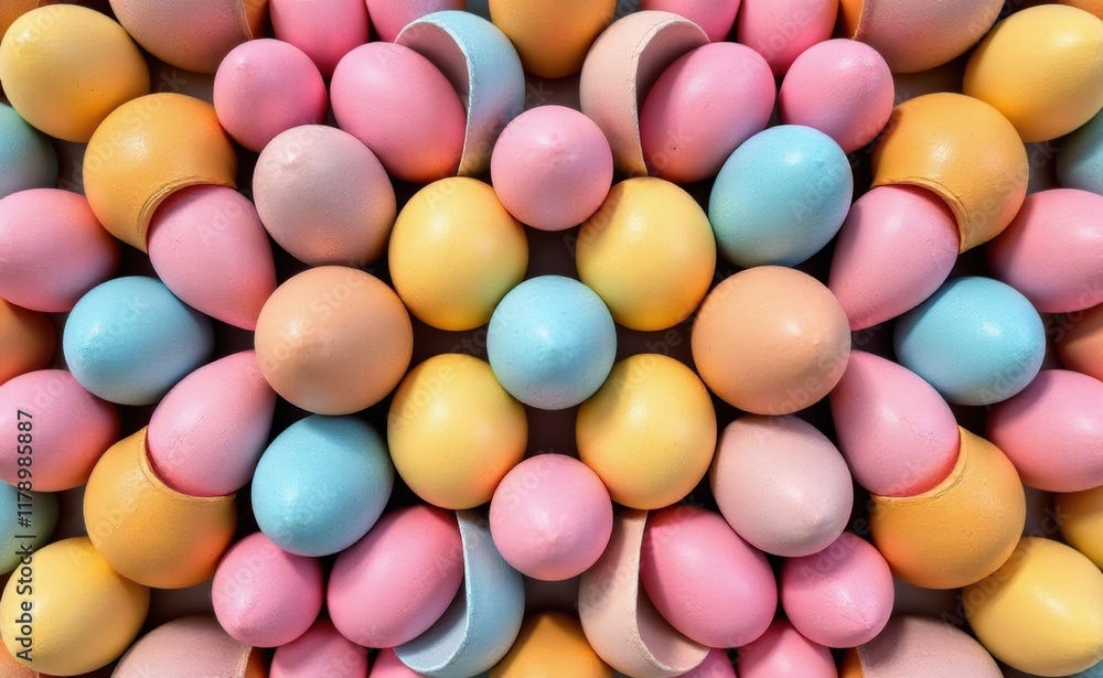 A vibrant arrangement of colorful Easter eggs nestled in a geometric pattern, forming a cheerful and festive background. A vibrant arrangement of colorful Easter eggs nestled in a geometric pattern, forming a cheerful and festive background.