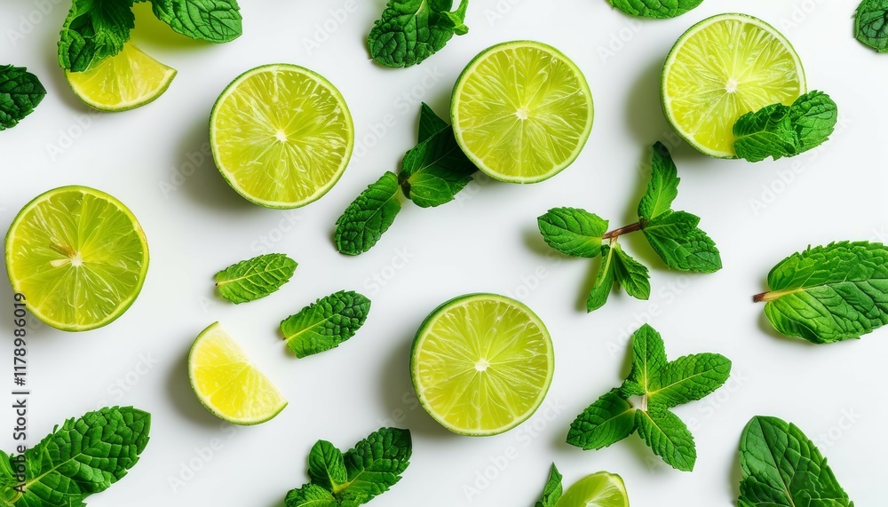 green mint leaves with lime slices scattered on a white background green mint leaves with lime slices scattered on a white background