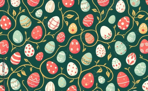 A vibrant arrangement of colorful Easter eggs nestled in a geometric pattern, forming a cheerful and festive background. photo