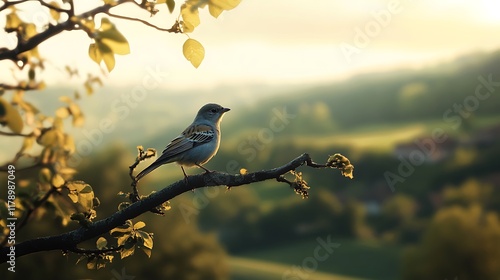 A solifuge perched on a tree branch against a backdrop of rolling hills photo