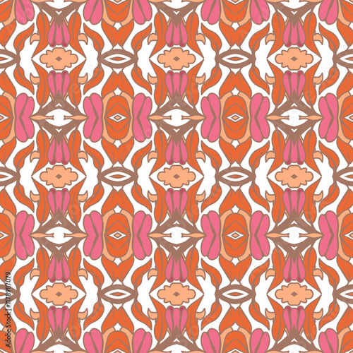 Geometric pattern in warm orange and peach tones with floral motifs