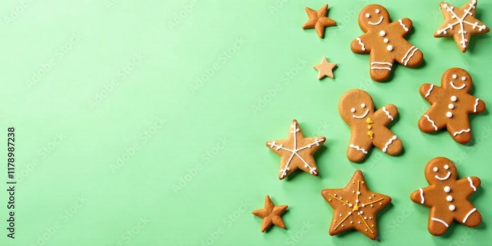 Delightful Festive Gingerbread Men and Stars on a Mint Background Delightful Festive Gingerbread Men and Stars on a Mint Background