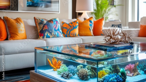 A vibrant living room with a glass top coffee table housing an aquarium, accentuated by colorful pillows and art pieces that echo the underwater theme photo