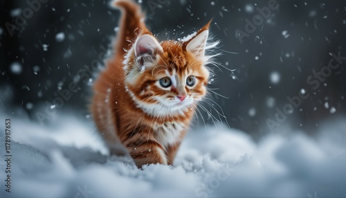 A red-haired little kitten walks in front of the camera in the photo, along a snowy white path of snow