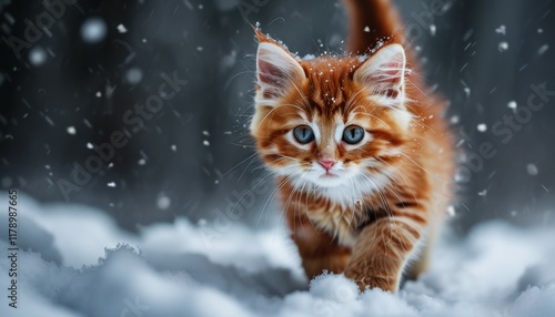 A red-haired little kitten walks in front of the camera in the photo, along a snowy white path of snow