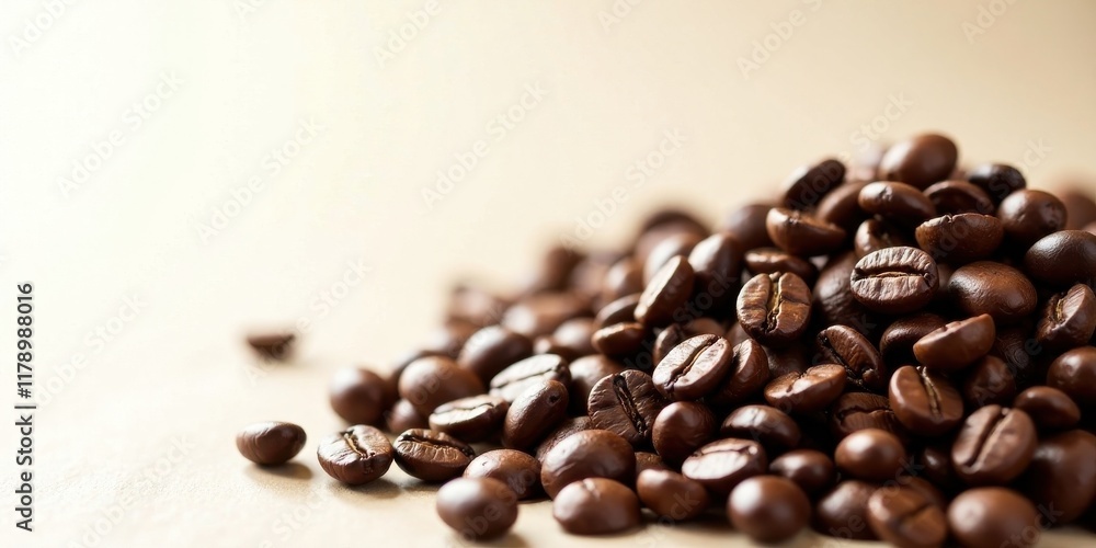 Naklejka premium Roasted Coffee Beans Close-Up A Pile of Aromatic, Dark Brown Beans on a Light Background