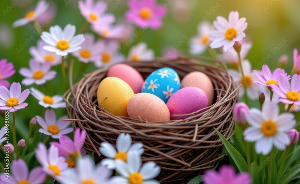 A nest filled with colorful Easter eggs nestled among a bed of blooming daisies, creating a vibrant and festive springtime scene. A nest filled with colorful Easter eggs nestled among a bed of blooming daisies, creating a vibrant and festive springtime scene.