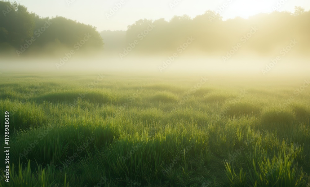 Misty morning in a lush green field Misty morning in a lush green field