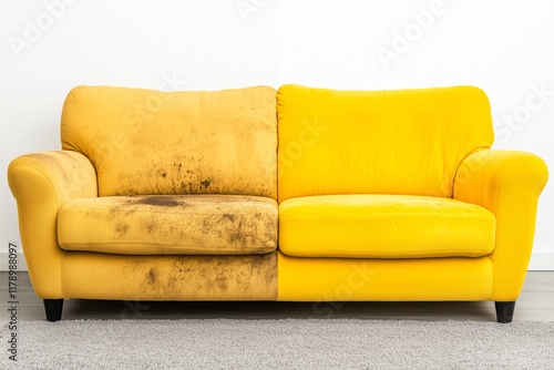 Comparison of Clean and Soiled Yellow Sofa Upholstery
