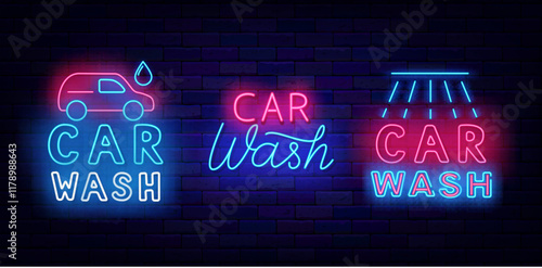 Car wash neon emblems collection. Auto clean service. Glowing labels. Vector stock illustration