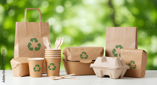 Eco-friendly packaging, including bags, cups, boxes, and cutlery, with recycling symbols, on a table.