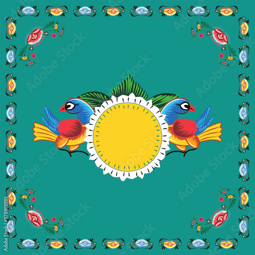 A set of floral borders with two birds holding a text box Colorful Rickshaw painting