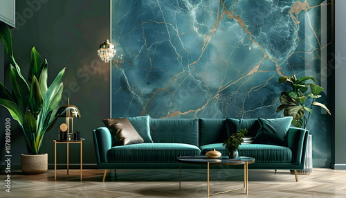 Teal Velvet Sofa in Luxurious Living Room 3D Illustration