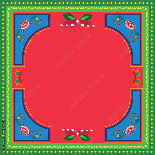 A border of floral in a colorful rickshaw painting with a red background