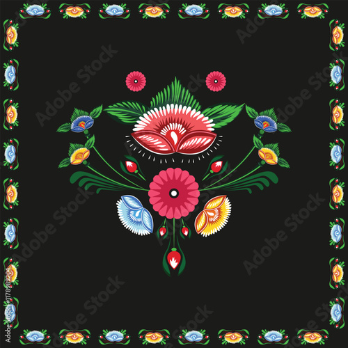 Colorful Rickshaw painting with a border of flowers