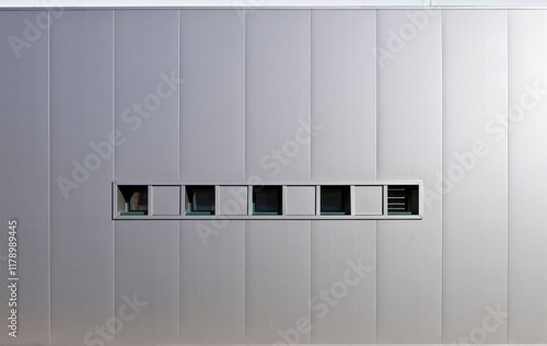 Aluminium facade cladding with a row of small windows. Industrial building, background and texture. photo