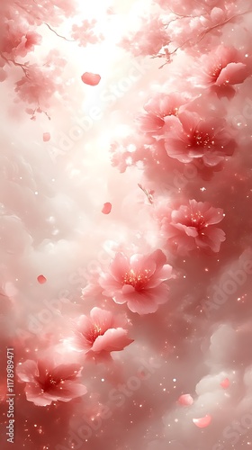 Dreamy pink blossoms falling from branches in a celestial scene.