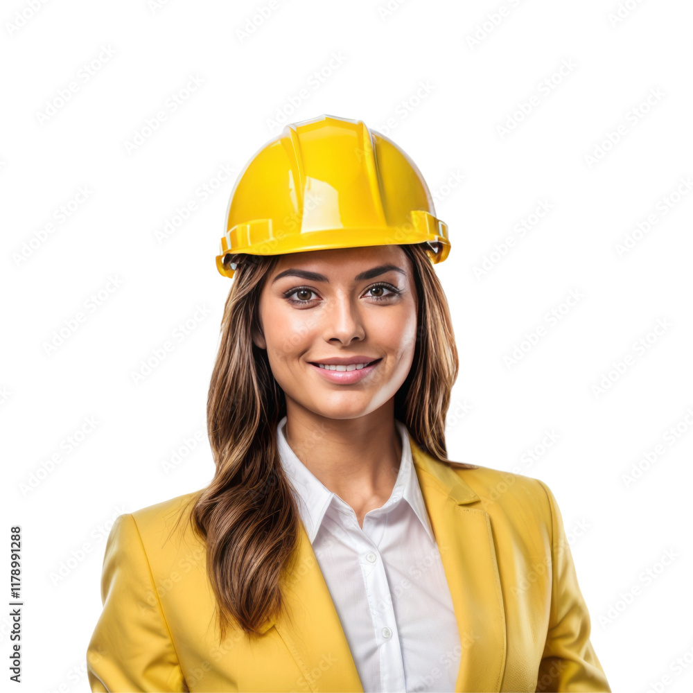 Confident Female Engineer: A female engineer in a yellow hardhat and blazer confidently looks at the camera with a friendly smile. Her expression conveys professionalism and expertise. Confident Female Engineer: A female engineer in a yellow hardhat and blazer confidently looks at the camera with a friendly smile. Her expression conveys professionalism and expertise.