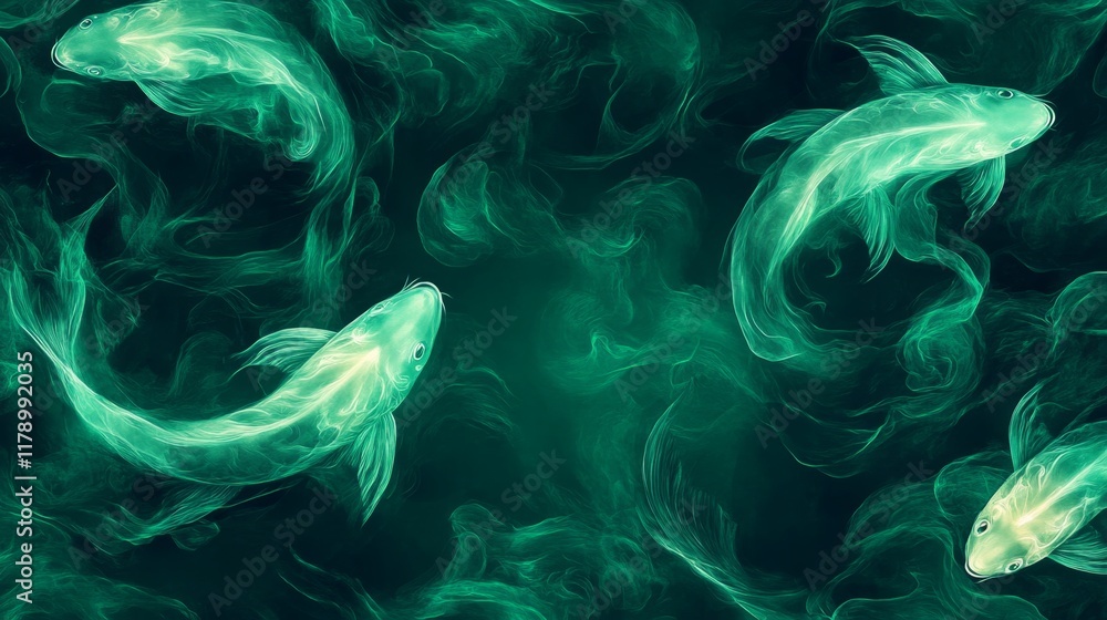 Fototapeta premium Ethereal Green Fish Swimming in a Mystical Underwater Scene