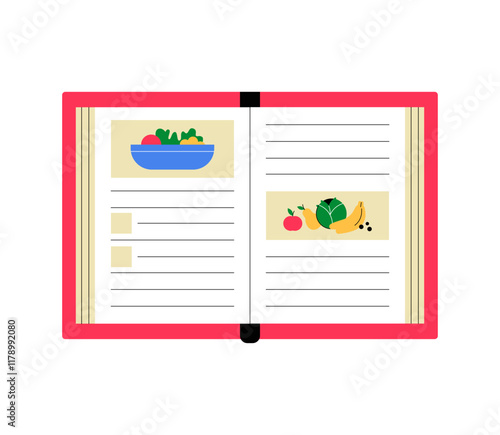 Open Recipe Book With Illustrated Ingredients In Flat Vector Illustration Symbolizing Cooking, Meal Preparation, And Culinary Skills, Isolated On White Background.