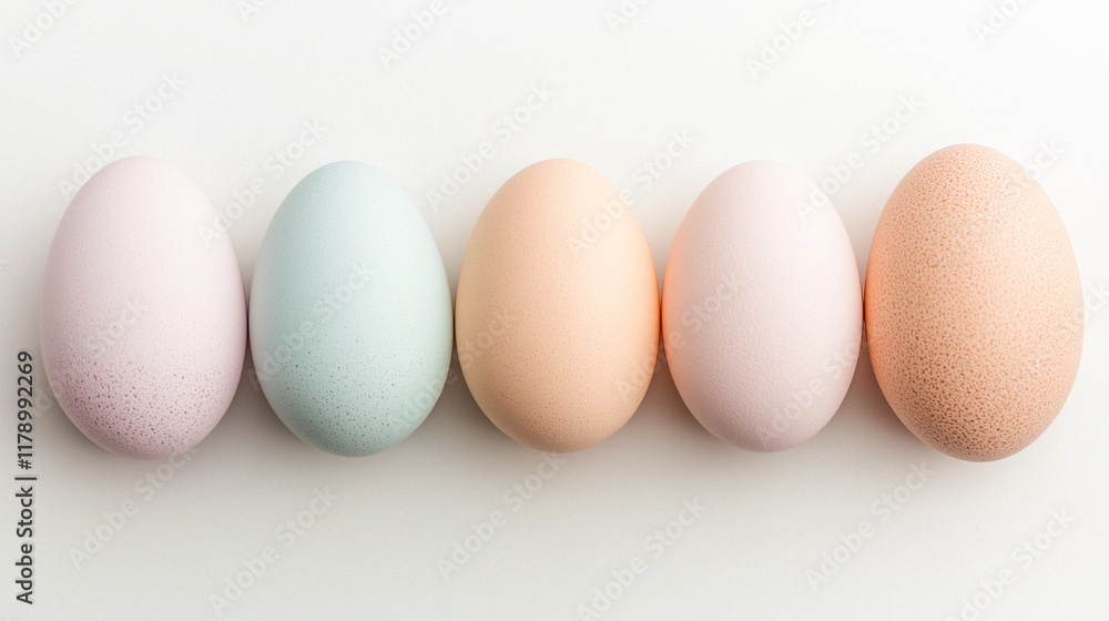 Five Pastel-Colored Chicken Eggs in a Row Five Pastel-Colored Chicken Eggs in a Row