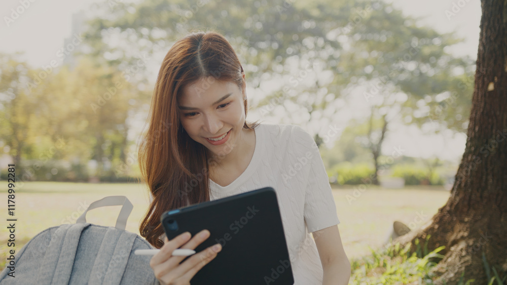 Obraz premium Asian Woman Working Remotely in a Park, Using Tablet for Hybrid Work Lifestyle, Tranquil Freelance, Joyful Digital Nomad in Nature, Relaxing and Working in Nature, Remote work using Tablet in greenery